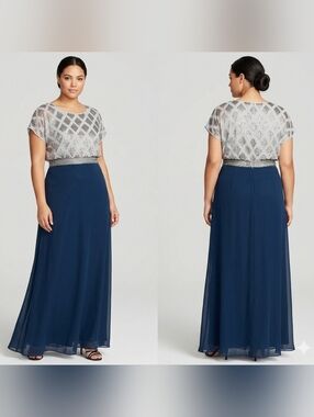 Adrianna Papell 20W Navy Blue Beaded Gown Mother of the Bride Formal Dress